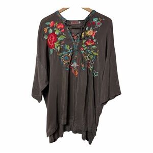 Johnny Was Grey Embroidered Tunic Blouse Large Boho Floral Top Women